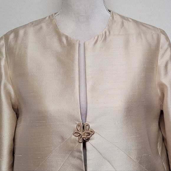 50s Rare Vintage Cream Peach Raw Silk Satin Knit Boxy Frog Clasp Opera Coat - Picture 5 of 14